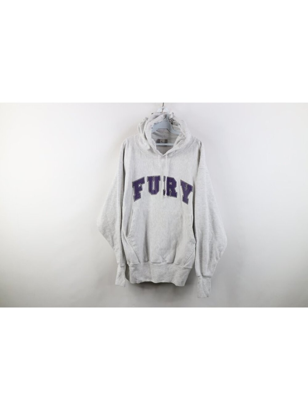Vintage 90s Streetwear Mens Large Reverse Weave Fury Hoodie Sweatshirt Gray